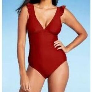 Kona Sol Size M Ruffle Shoulder One Piece Swimsuit Maroon Red Plunge Neck Classy